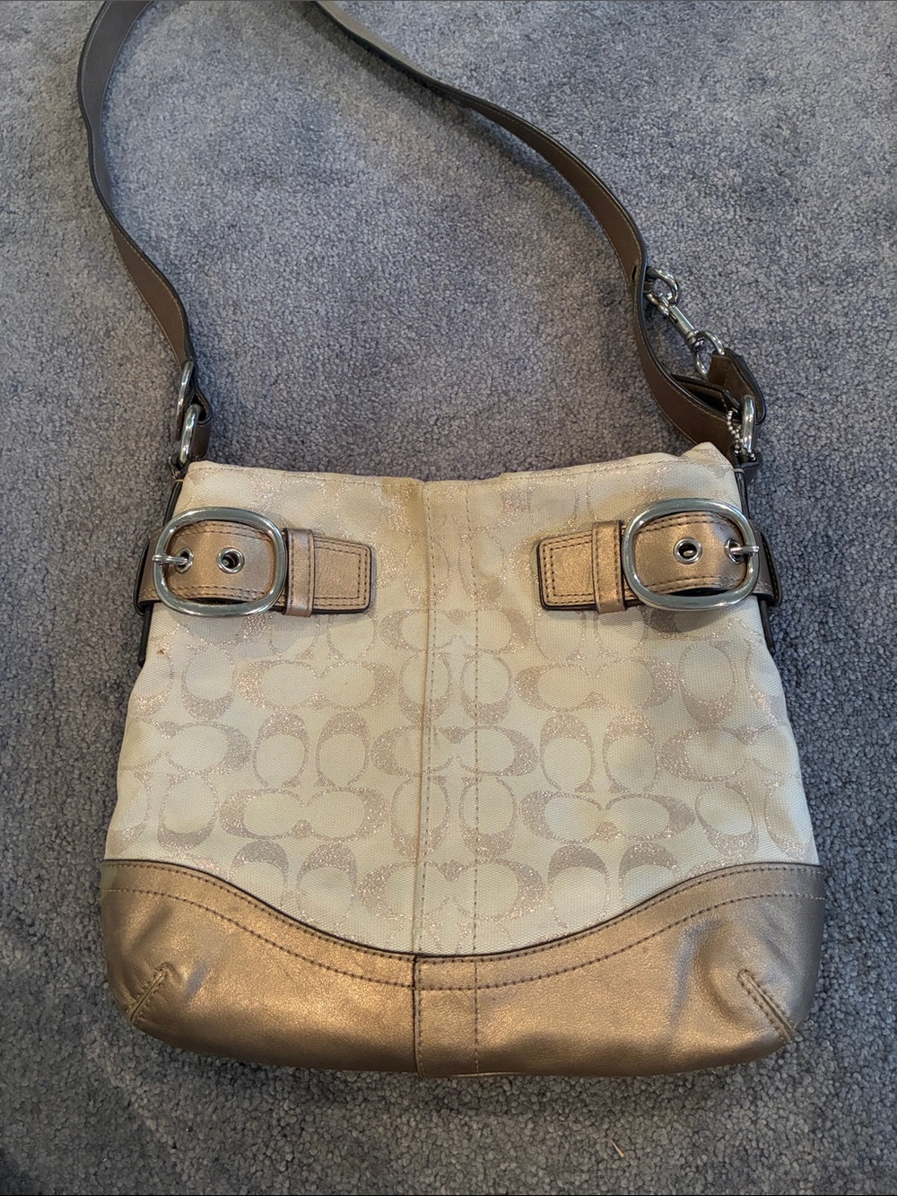 Coach Signature Canvas Beige and Gold Crossbody Bag